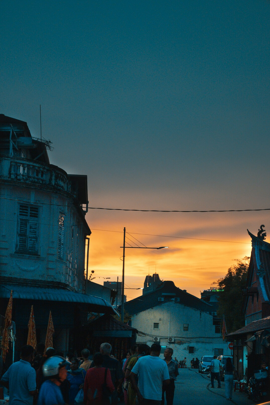 Cobblestone street in Montevideo old town at dusk